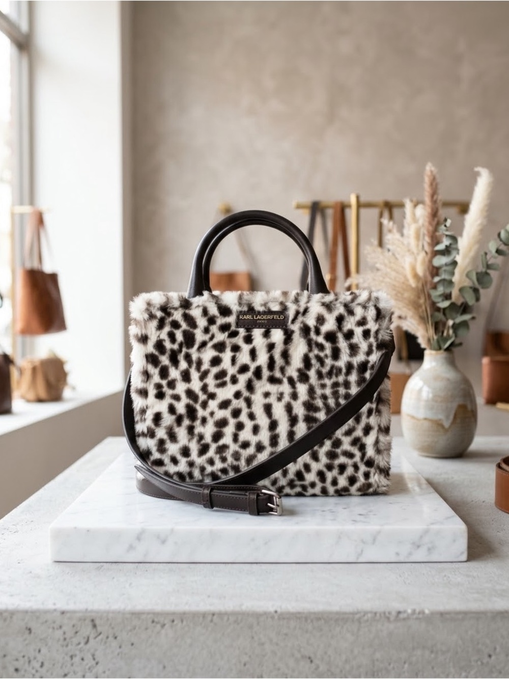 NWT Karl Lagerfeld Luxury Faux Fur Snow Leopard Print Crossbody Handbag